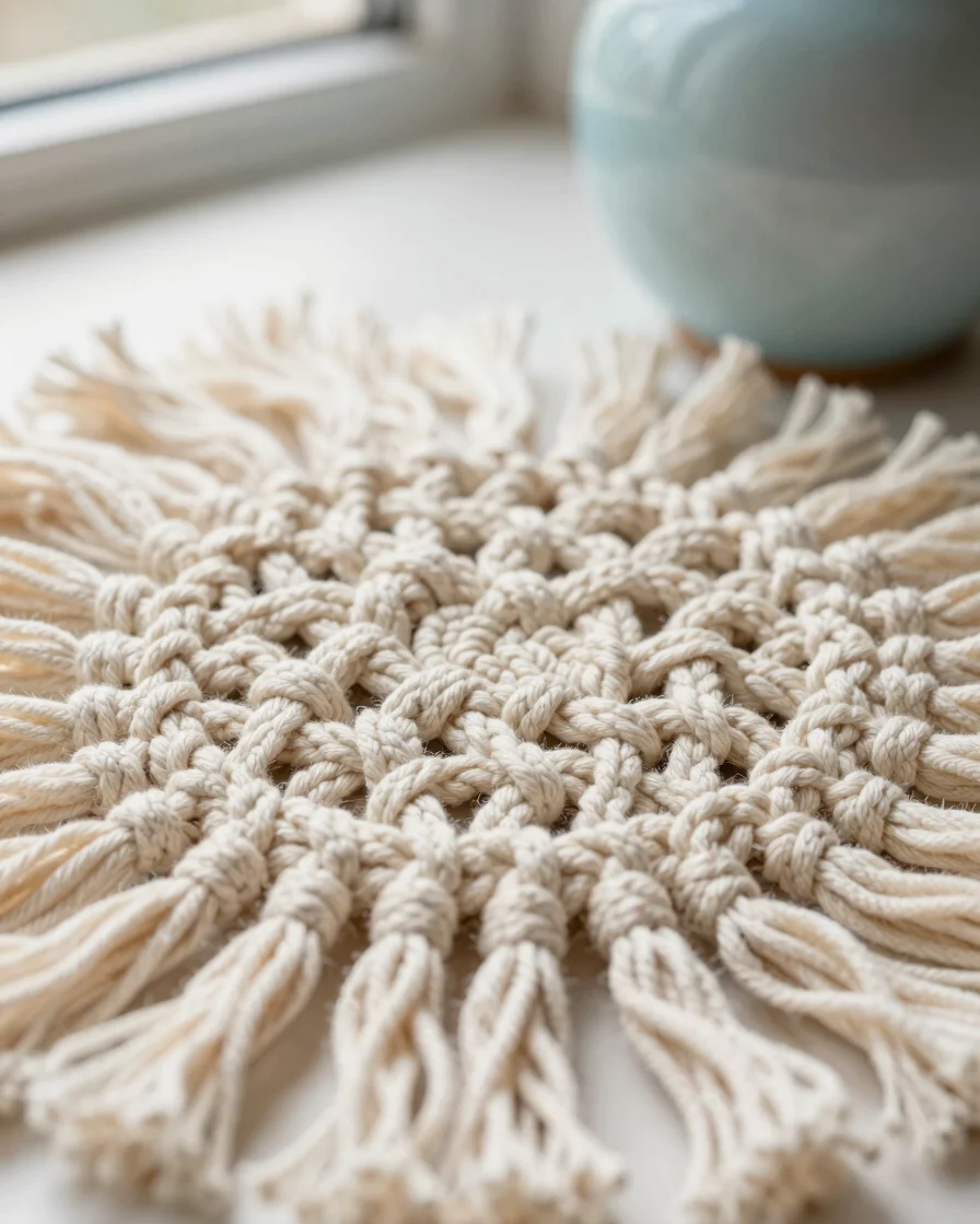 Macro close-up of intricate cream macrame knots and soft cotton f