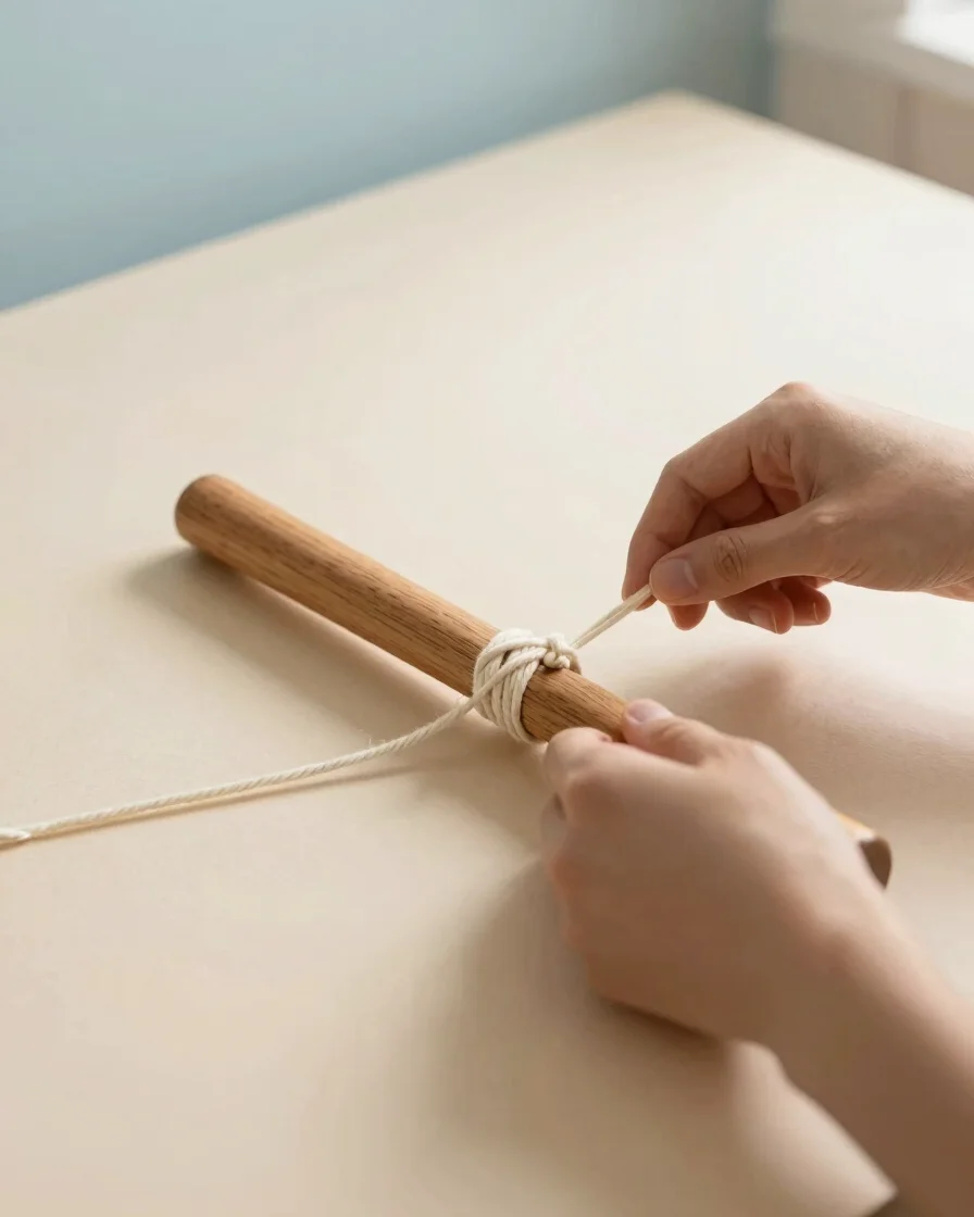 Artisan hands carefully knotting cream cotton cord on a polished