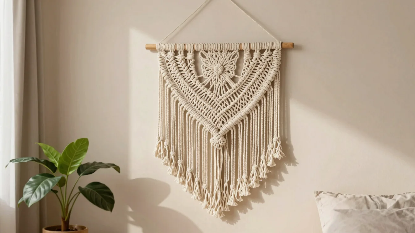 Detailed cream macrame wall hanging mounted on a sunlit beige bedroom wall beside potted indoor greenery