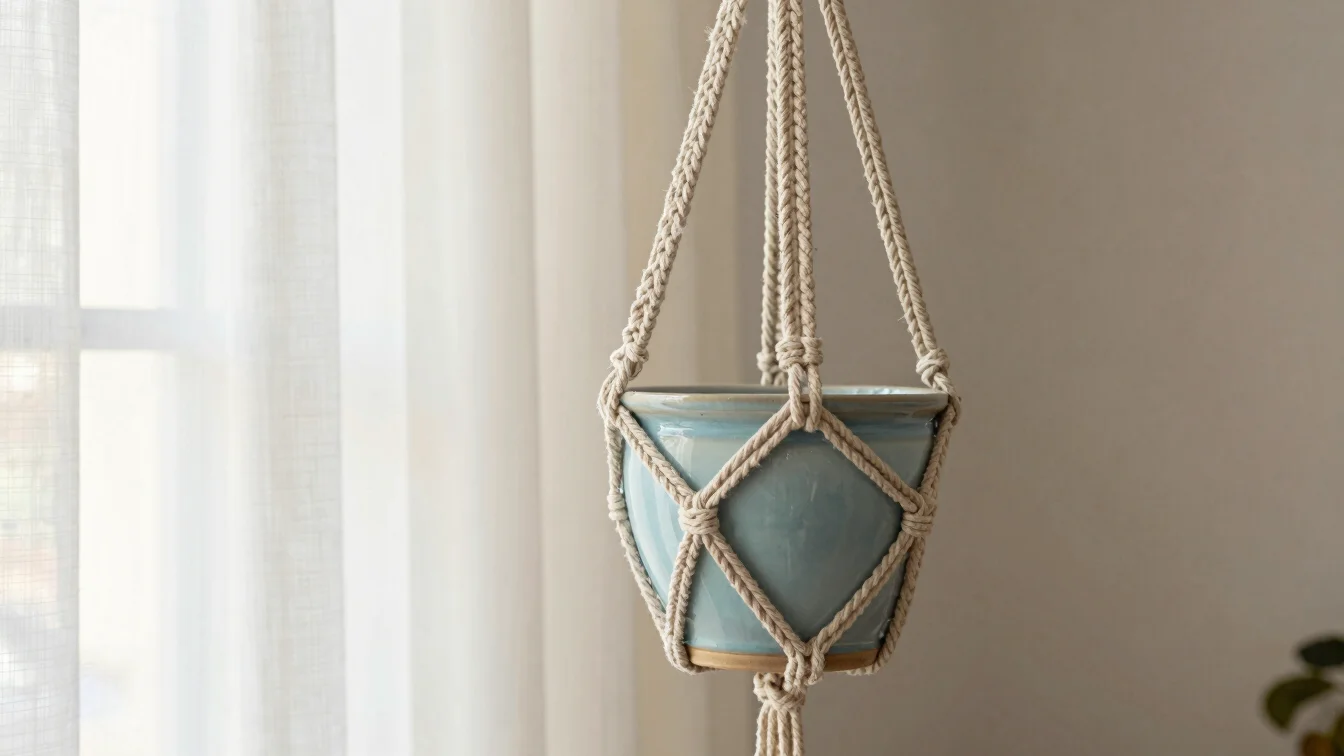 Powder blue glazed ceramic planter suspended in a hand-knotted beige macrame hanger near a window curtain