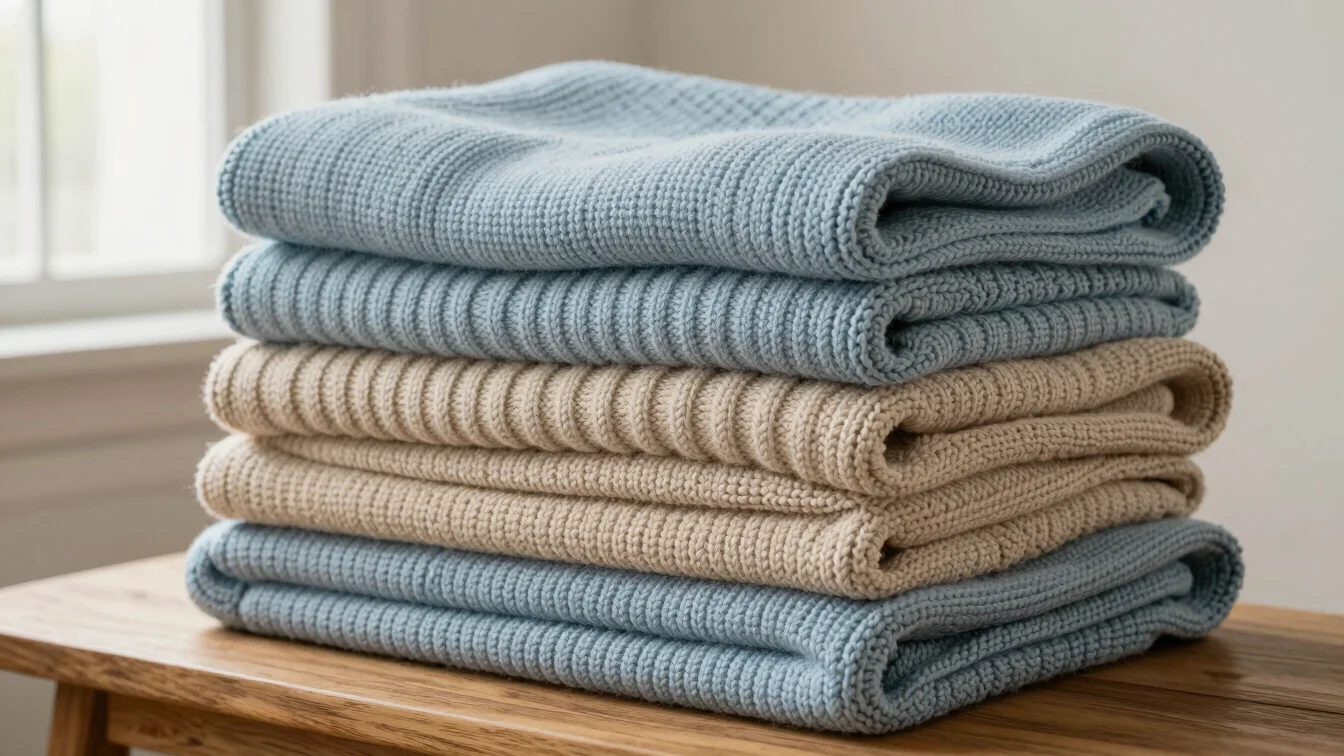 Neatly folded stack of textured knitted blankets in soft powder blue and warm natural beige resting on an oak bench